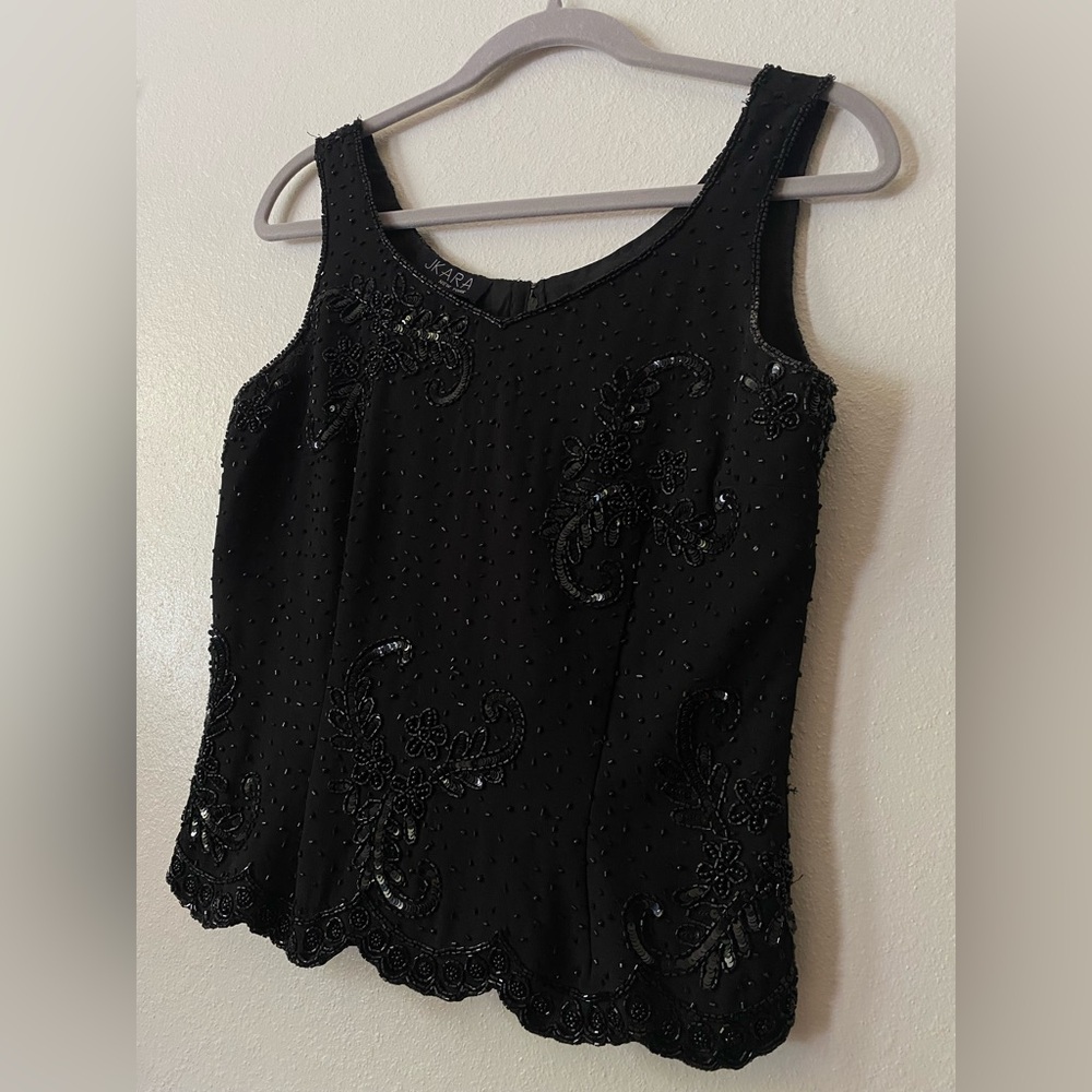 Jkara Black sequin tank top with beaded detailing and zip up back #glamour#small